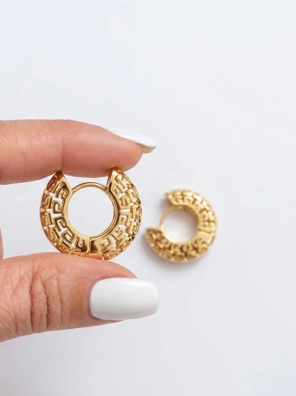LAST 1 🔥14K Gold Plated Greek Key Hoop Earrings Rhodium Accent Water Resistant